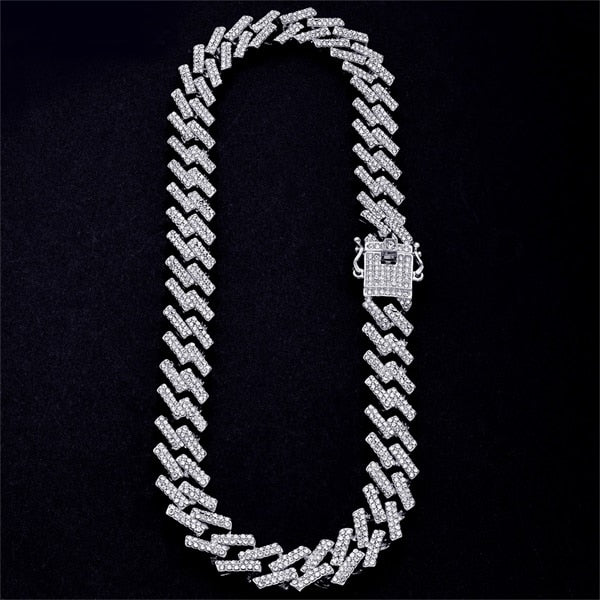 Iced Out Chain Bling Prong Miami Cuban Link Chains Necklaces 15mm Full Crystal Rhinestones Clasp Hip Hop Necklace Bracelet Mens