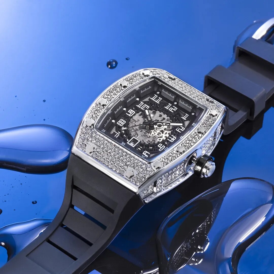 MISSFOX Hip Hop Men Watches Luxury Black Diamond Automatic Date Watch Sport Rubber Strap Waterproof Clock