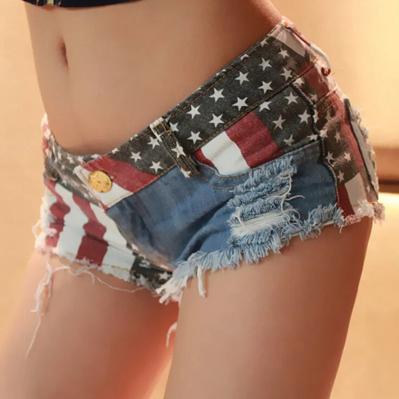 Mid Waist Jeans Shorts Women New Fashion USA Flag Skirt