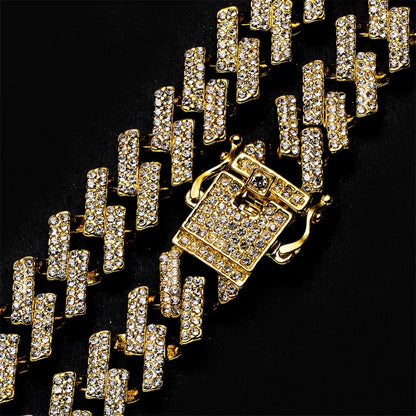 Iced Out Chain Bling Prong Miami Cuban Link Chains Necklaces 15mm Full Crystal Rhinestones Clasp Hip Hop Necklace Bracelet Mens