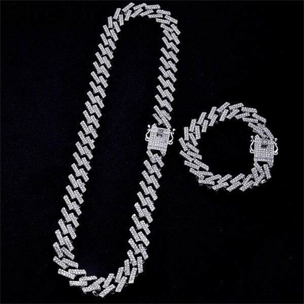 Iced Out Chain Bling Prong Miami Cuban Link Chains Necklaces 15mm Full Crystal Rhinestones Clasp Hip Hop Necklace Bracelet Mens