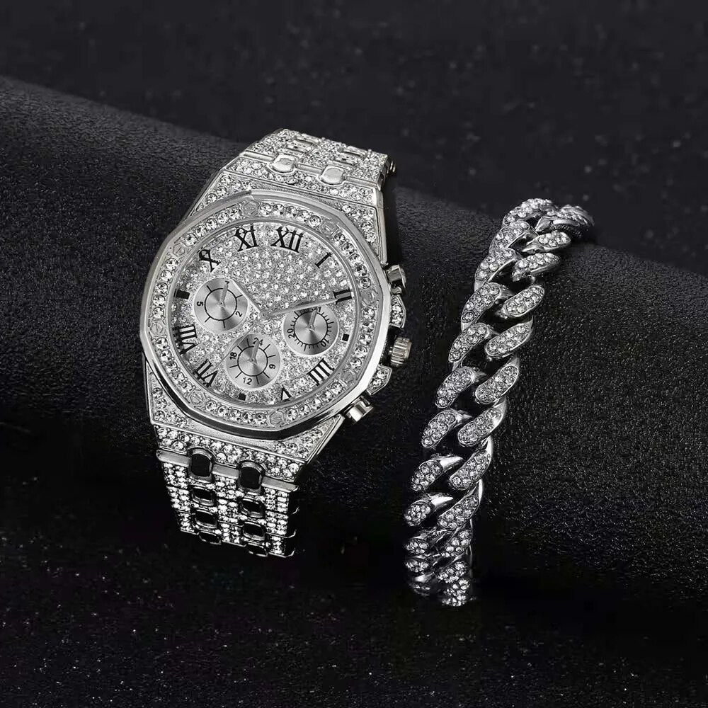 Luxury Iced Out Watch for Men Women Hip Hop Miami Bling CZ Cuban Chain Big Gold Chain Necklace Bracelet Rhinestones Mens Watch