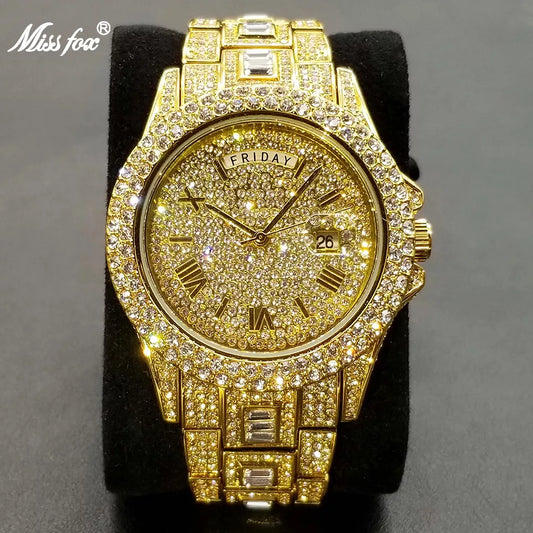 Full Iced Out Watch For Men Luxury Gold Hip Hop Diamond Quartz Mens Watches Waterproof Day Date Clock Best Selling Product 2023