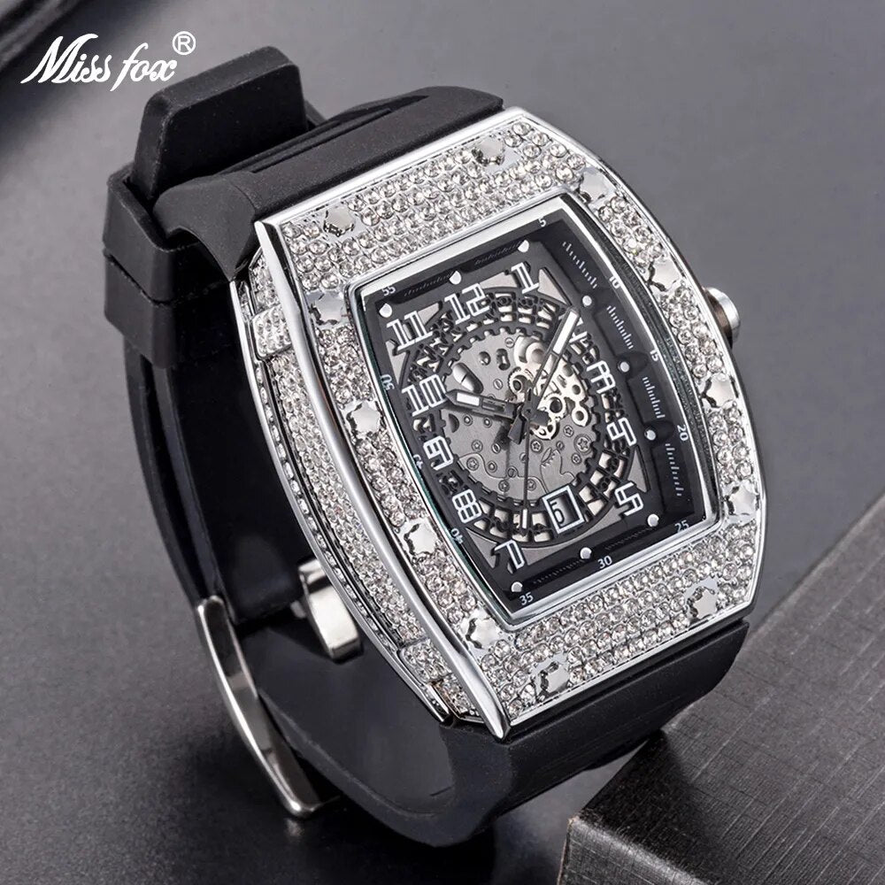 MISSFOX Hip Hop Men Watches Luxury Black Diamond Automatic Date Watch Sport Rubber Strap Waterproof Clock