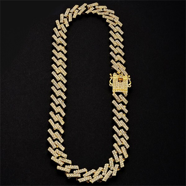 Iced Out Chain Bling Prong Miami Cuban Link Chains Necklaces 15mm Full Crystal Rhinestones Clasp Hip Hop Necklace Bracelet Mens