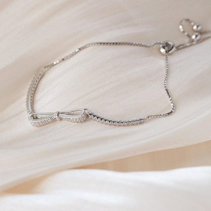 Sterling Silver Bowknot Bracelet for Women Shiny Zircon Tennis Hard Bracelet