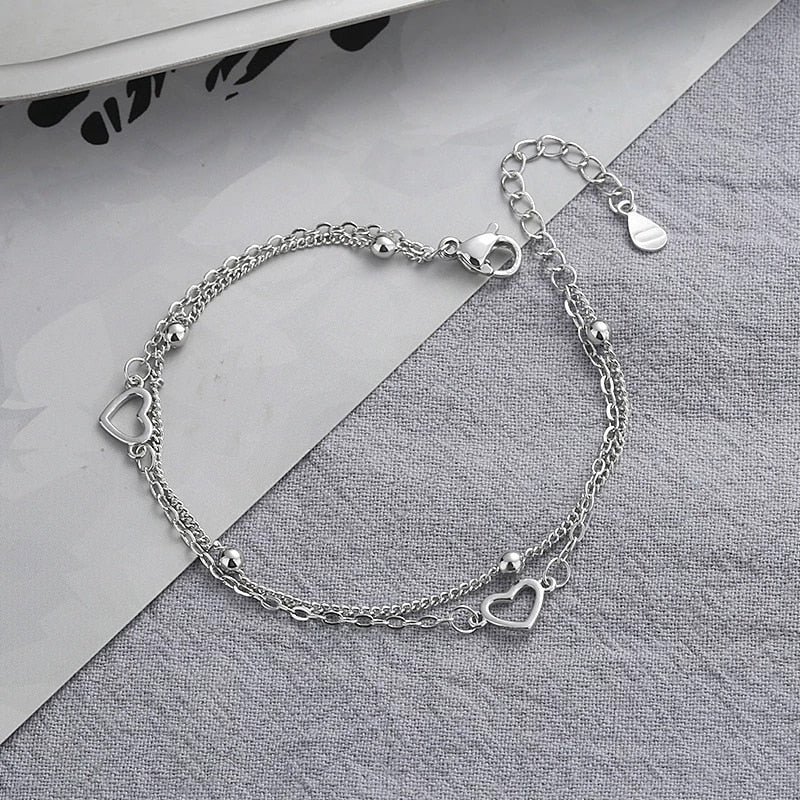 Sterling Silver Double Love Heart Hollow Round Beads Bracelet Female Fashion Romantic Jewelry Classic Adjustable