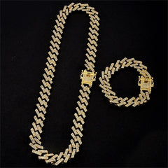 Iced Out Chain Bling Prong Miami Cuban Link Chains Necklaces 15mm Full Crystal Rhinestones Clasp Hip Hop Necklace Bracelet Mens
