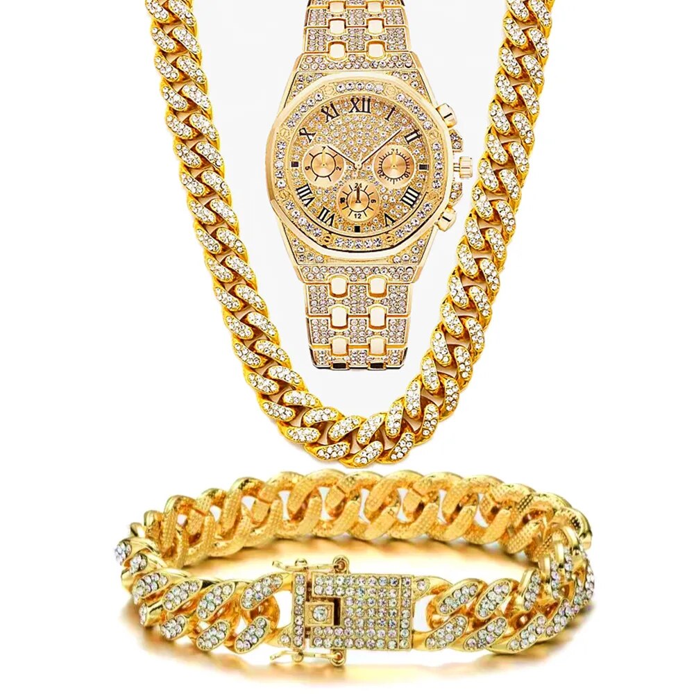 Luxury Iced Out Watch for Men Women Hip Hop Miami Bling CZ Cuban Chain Big Gold Chain Necklace Bracelet Rhinestones Mens Watch