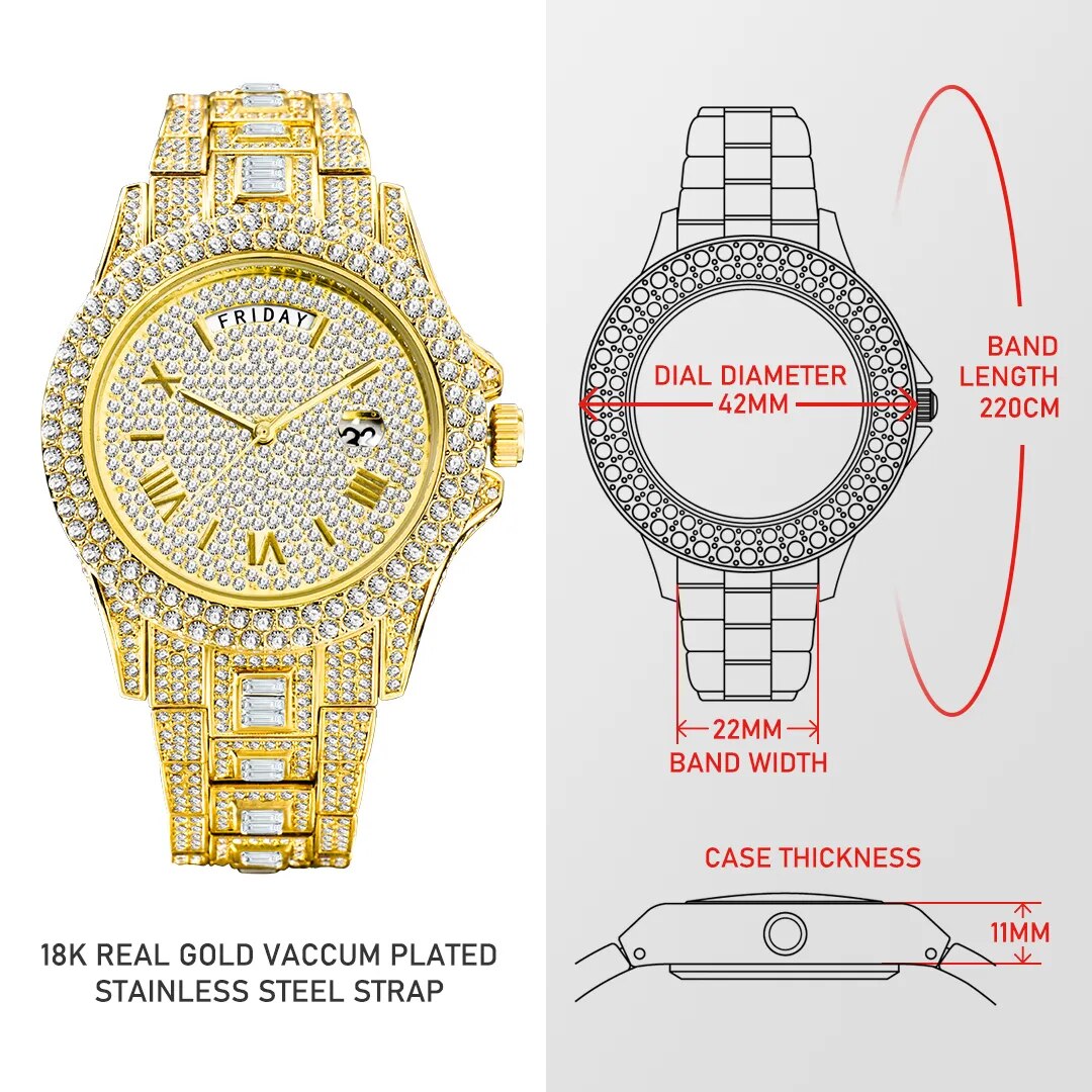Full Iced Out Watch For Men Luxury Gold Hip Hop Diamond Quartz Mens Watches Waterproof Day Date Clock Best Selling Product 2023