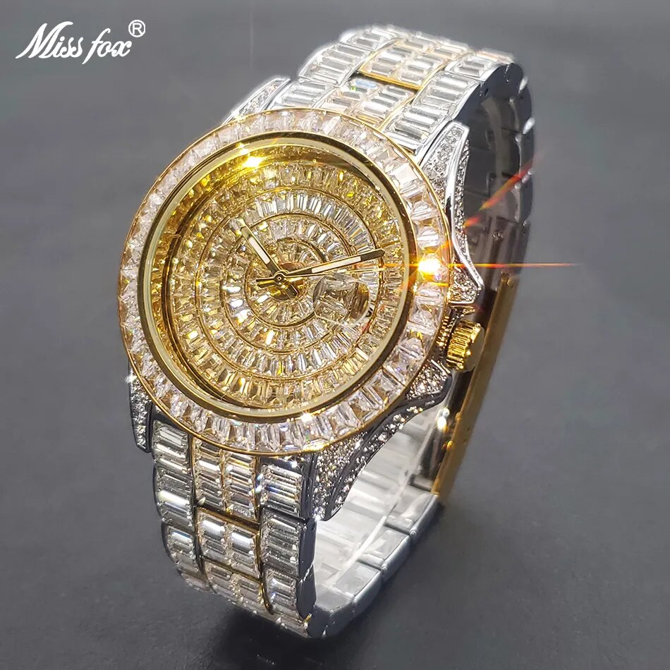 MISSFOX Full Diamond Watch For Men Hip Hop Ice Out Stainless Steel Watches High Quality Luminous Waterproof Male Clock 2023 New