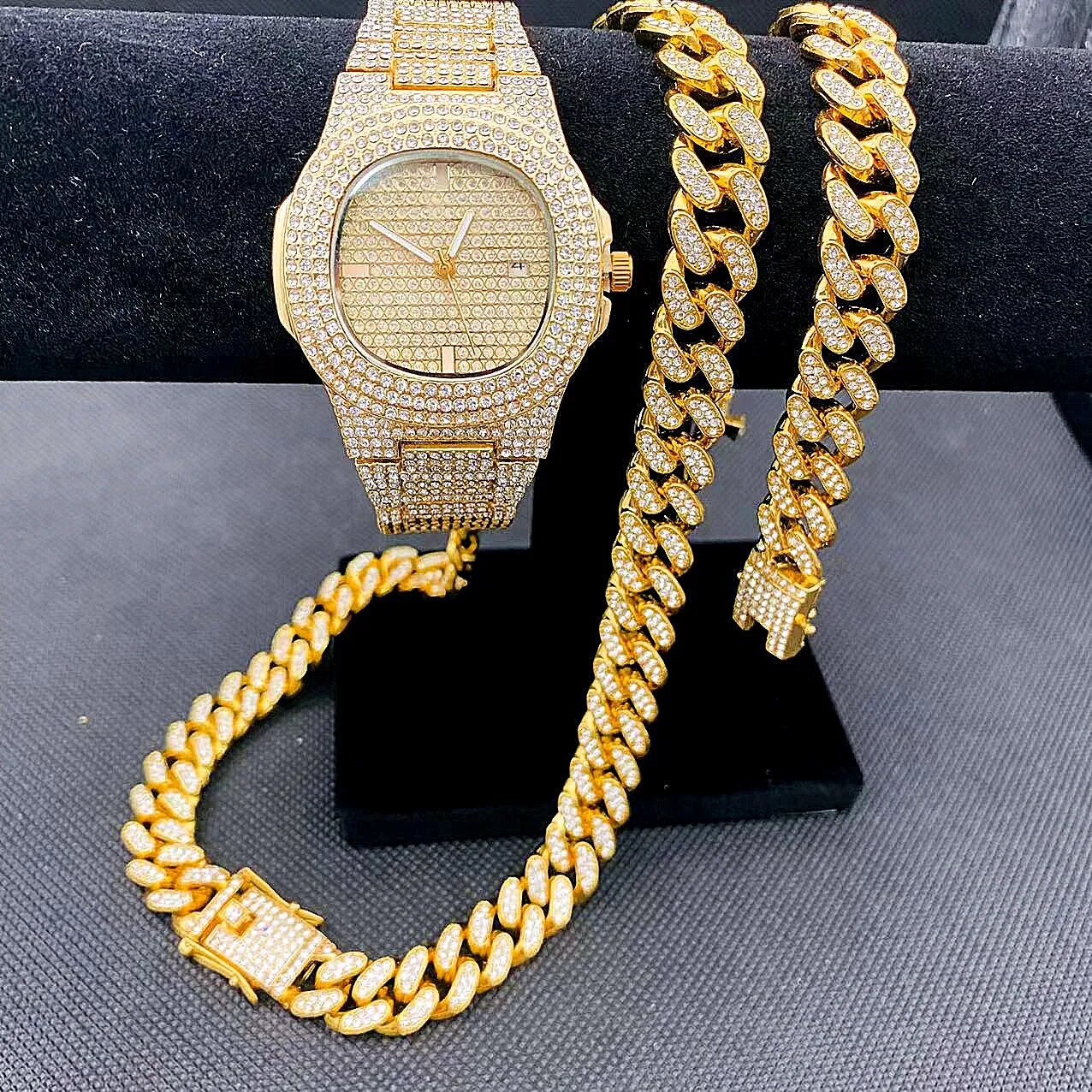 Luxury Iced Out Watch Necklaces Bracelet Mens Hip Hop Jewelry Set Miama Cuban Link Chain Choker Jewelry Blinged Out Gold Watches