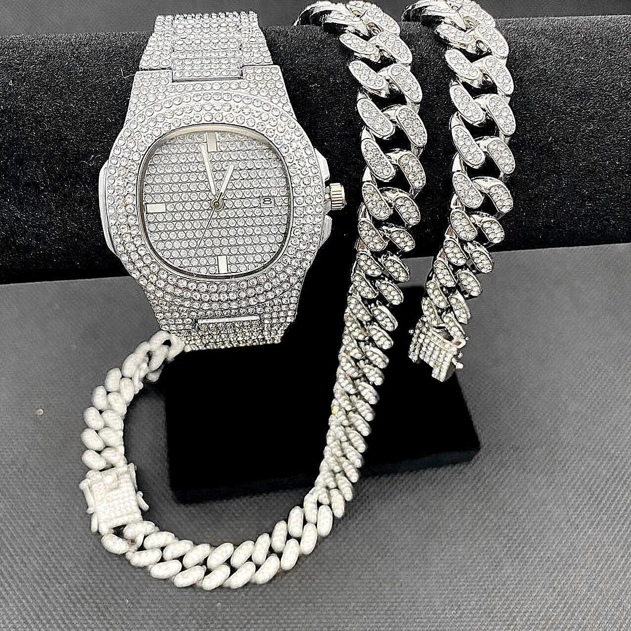 Luxury Iced Out Watch Necklaces Bracelet Mens Hip Hop Jewelry Set Miama Cuban Link Chain Choker Jewelry Blinged Out Gold Watches