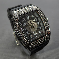 MISSFOX Hip Hop Men Watches Luxury Black Diamond Automatic Date Watch Sport Rubber Strap Waterproof Clock