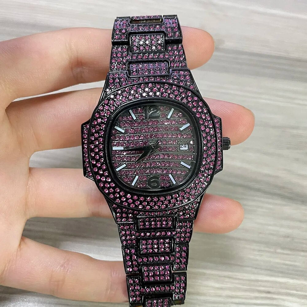 2023 New MISSFOX Hip Hop Watch For Men Automatic Date Pink Iced Diamond Clock Fashion Waterproof Quartz WrIst Watches Luxury Man