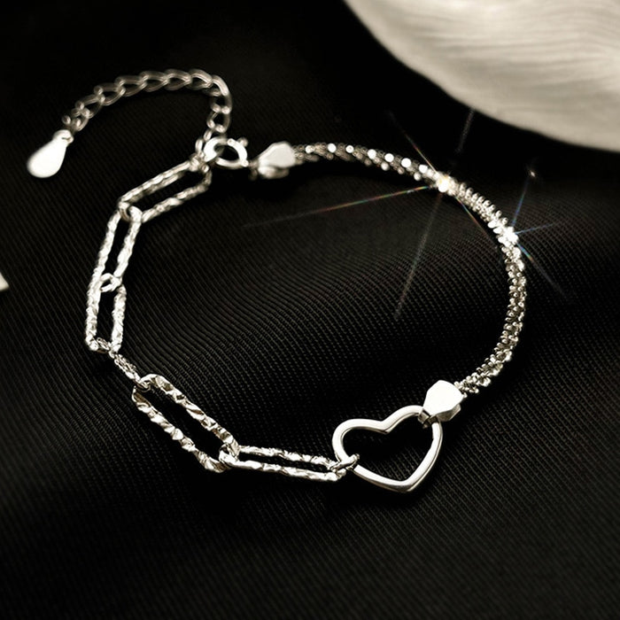 Sterling Silver Double Love Heart Hollow Round Beads Bracelet Female Fashion Romantic Jewelry Classic Adjustable