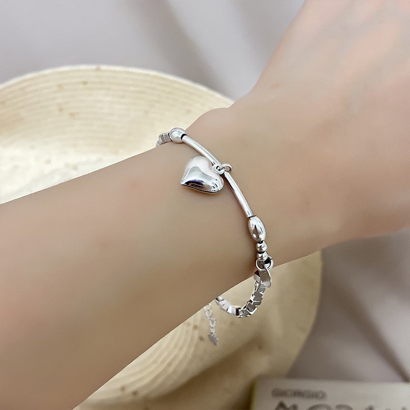 Sterling Silver Double Love Heart Hollow Round Beads Bracelet Female Fashion Romantic Jewelry Classic Adjustable