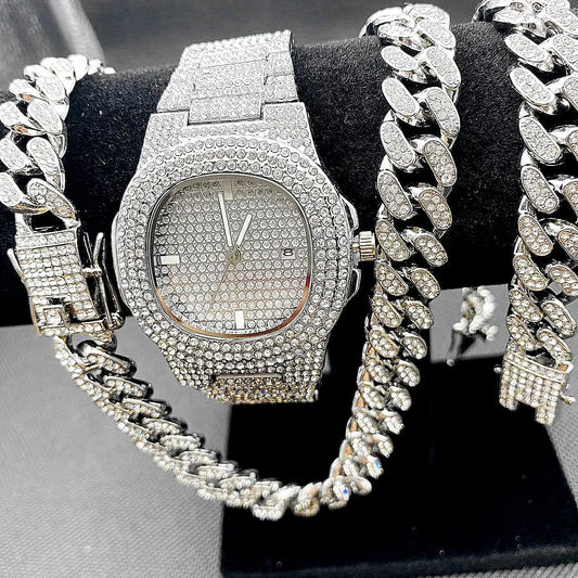 Luxury Iced Out Watch Necklaces Bracelet Mens Hip Hop Jewelry Set Miama Cuban Link Chain Choker Jewelry Blinged Out Gold Watches