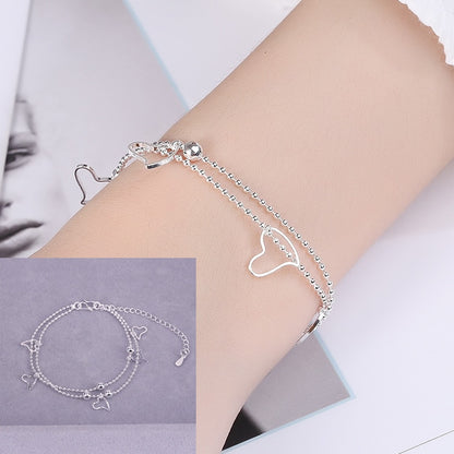 Sterling Silver Double Love Heart Hollow Round Beads Bracelet Female Fashion Romantic Jewelry Classic Adjustable