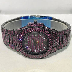 2023 New MISSFOX Hip Hop Watch For Men Automatic Date Pink Iced Diamond Clock Fashion Waterproof Quartz WrIst Watches Luxury Man