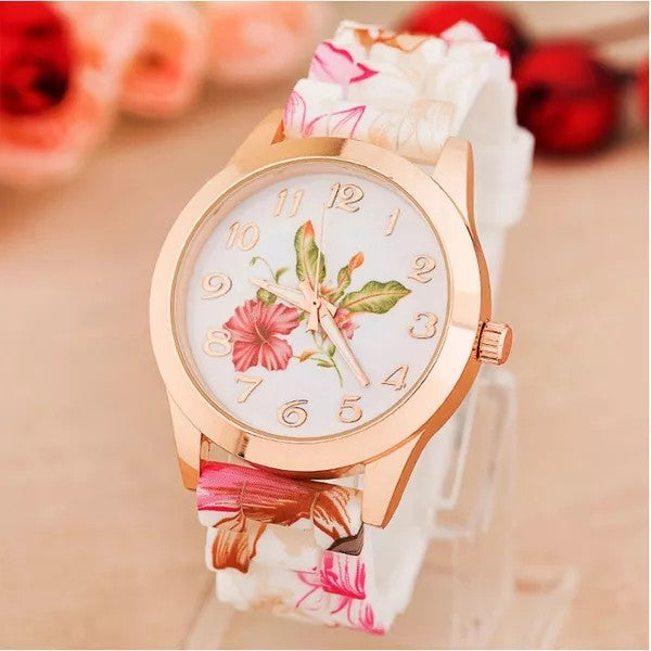 Girl Silicone Printed Flower Causal Quartz Wrist Watch