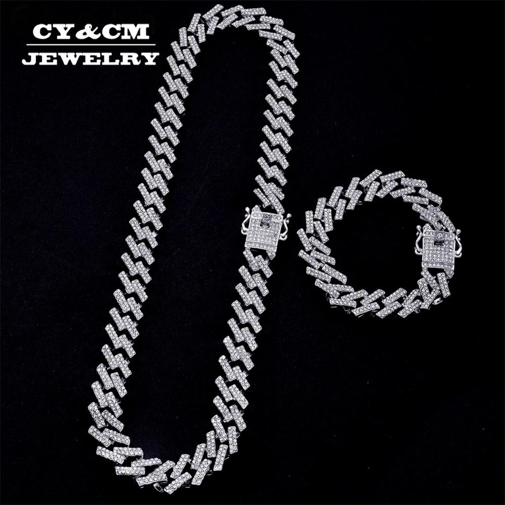 Iced Out Chain Bling Prong Miami Cuban Link Chains Necklaces 15mm Full Crystal Rhinestones Clasp Hip Hop Necklace Bracelet Mens