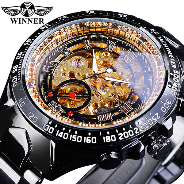 Black Golden Skeleton Clock Male Fashion Black Stainless Steel Luminous Hands Men Automatic Watches Top Brand Luxury