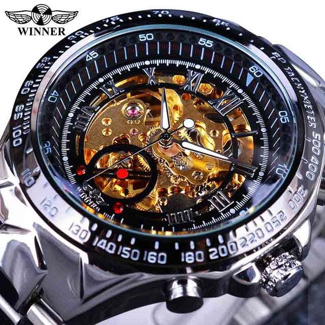 Black Golden Skeleton Clock Male Fashion Black Stainless Steel Luminous Hands Men Automatic Watches Top Brand Luxury