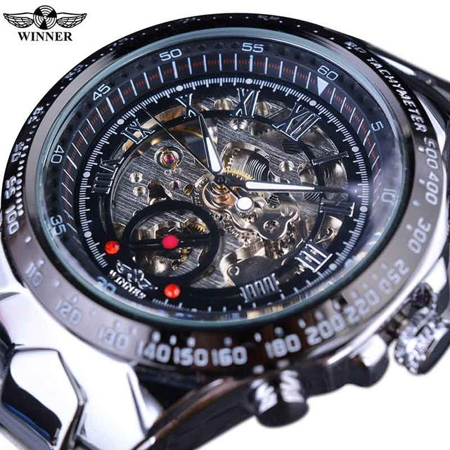 Black Golden Skeleton Clock Male Fashion Black Stainless Steel Luminous Hands Men Automatic Watches Top Brand Luxury