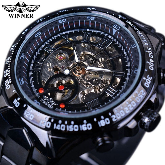 Black Golden Skeleton Clock Male Fashion Black Stainless Steel Luminous Hands Men Automatic Watches Top Brand Luxury