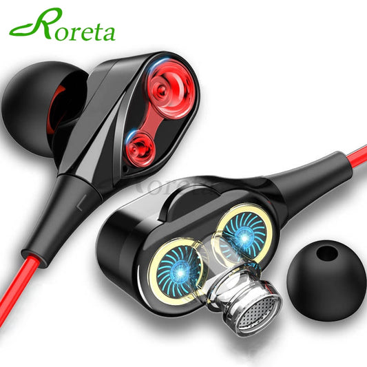 Roreta Dual Drive Stereo Wired earphone In-Ear Sport Headset With Mic mini Earbuds Earphones For iPhone Samsung Huawei Xiaomi