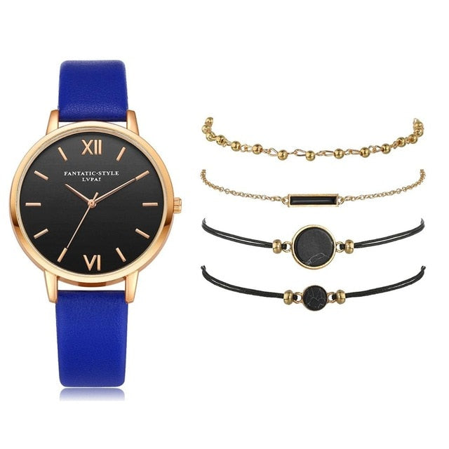 5pcs Set Top Style Fashion Women's Luxury Leather Band Analog Quartz WristWatch Ladies Watch Women Dress Reloj Mujer Black Clock