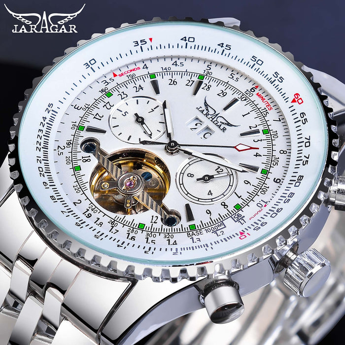 Jaragar Fashion Mens Mechanical Watch Tourbillon Automatic White Date Display Stainless Steel Strap Military Sport Clock Relojes