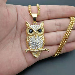 Hip Hop Iced Out Owl Pendant Necklace For Women Gold Color Stainless Steel Animal Bling AAA CZ Necklace Women's Jewelry