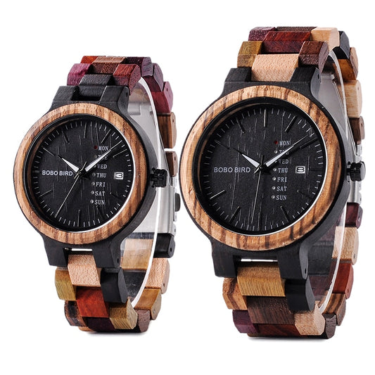 BOBO BIRD Wood Watch Men Women Quartz Week Date Timepiece Colorful Wooden Band logo Customize U-P14-1