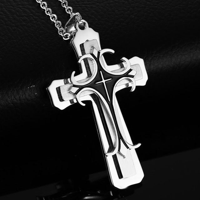 New Fashion Cross Pendant Necklace for Men Multi-layer Metal  Creative Cross Gold and Silver Pendant Long Necklace