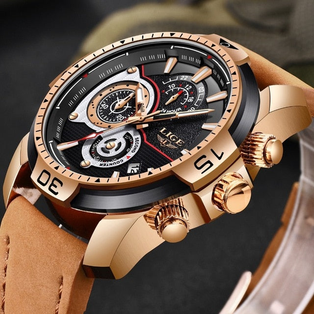 LIGE Men's Watch Business Deluxe Quartz Watch Timer Automatic Synchronization Date Engraving Craft Dial Military Watch