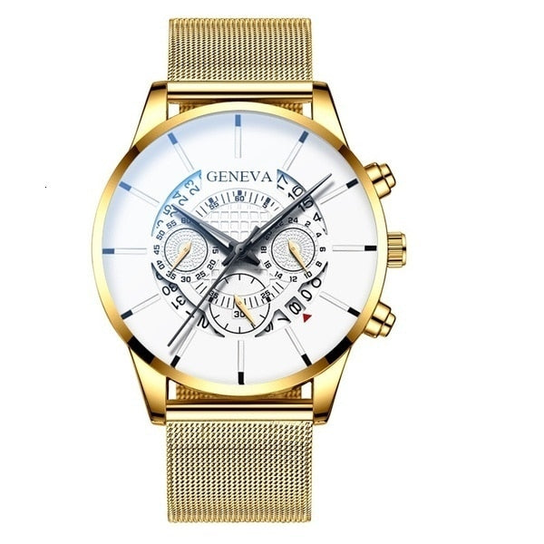 GENEVA Men Watches TOP Brand Luxury Fashion Business Calendar Stainless Steel Quartz Wrist Watch Male Clock relogio masculino