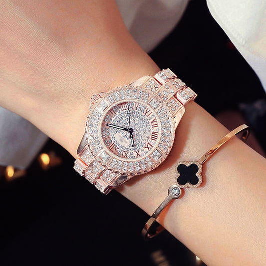 New Luxury Rhinestone Bracelet Watch Women Diamond Fashion Ladies Rose Gold Dress Watch Stainless Steel Crystal Wristwatch Clock