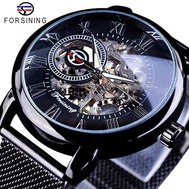 Forsining Watch + Bracelet Set Combination Skeleton Sport Mechanical Luminous Hands Transparent Mesh Steel Band Men Luxury Clock