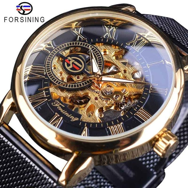 Forsining Watch + Bracelet Set Combination Skeleton Sport Mechanical Luminous Hands Transparent Mesh Steel Band Men Luxury Clock