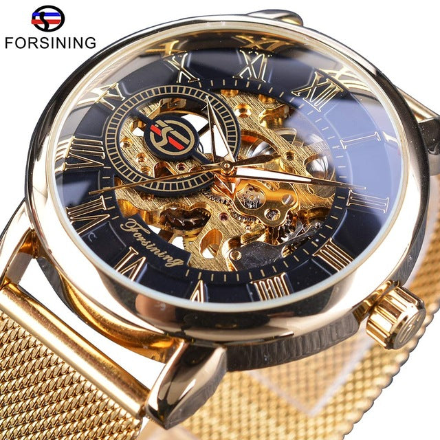 Forsining Watch + Bracelet Set Combination Skeleton Sport Mechanical Luminous Hands Transparent Mesh Steel Band Men Luxury Clock