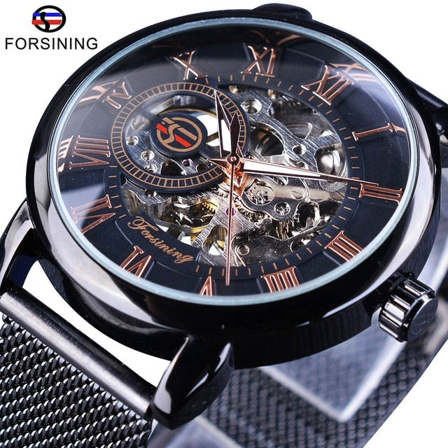 Forsining Watch + Bracelet Set Combination Skeleton Sport Mechanical Luminous Hands Transparent Mesh Steel Band Men Luxury Clock