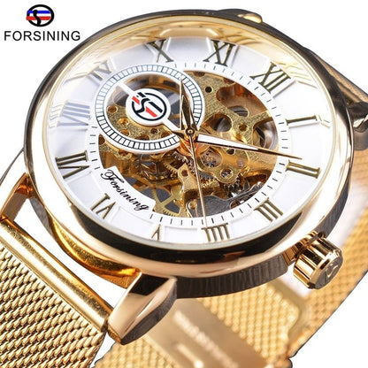 Forsining Watch + Bracelet Set Combination Skeleton Sport Mechanical Luminous Hands Transparent Mesh Steel Band Men Luxury Clock