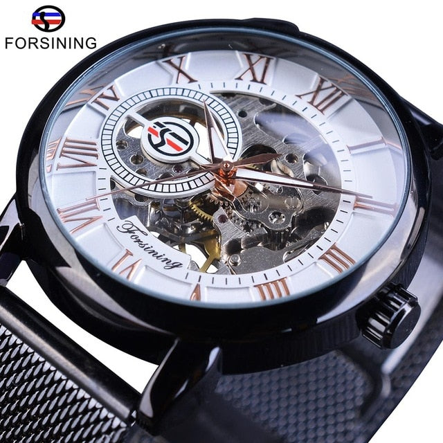 Forsining Watch + Bracelet Set Combination Skeleton Sport Mechanical Luminous Hands Transparent Mesh Steel Band Men Luxury Clock