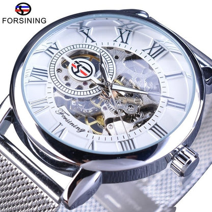 Forsining Watch + Bracelet Set Combination Skeleton Sport Mechanical Luminous Hands Transparent Mesh Steel Band Men Luxury Clock