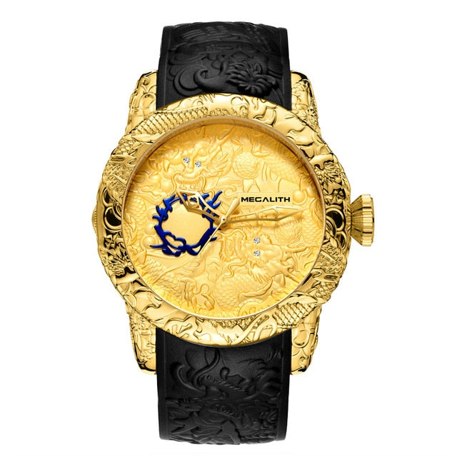 MEGALITH Fashion Gold Dragon Sculpture Watch Men Quartz Watch Waterproof Big Dial Sport Watches Men Watch Top Luxury Brand Clock