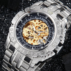 Luxury Automatic Mechanical Watch Men Full Steel Silver Gold Skeleton Wristwatch Clock Self-winding Big Dial relogio masculino