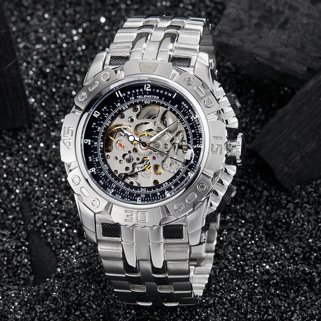 Luxury Automatic Mechanical Watch Men Full Steel Silver Gold Skeleton Wristwatch Clock Self-winding Big Dial relogio masculino