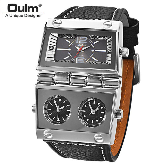 Oulm Sports Quartz Watches Top Luxury Brand Mens Wristwatch Three Time Zone Casual Leather Watch Male relogio masculino